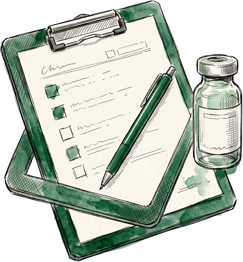 Sketch illustration of stacked clipboards with a checklist and pen beside a specimen vial