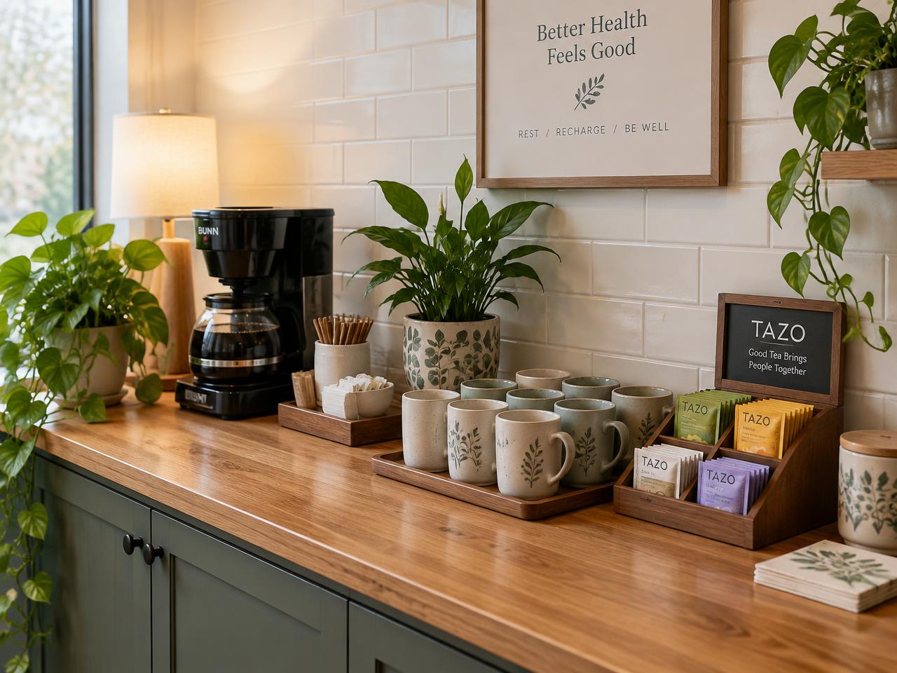 Clinic refreshment corner with coffee and tea