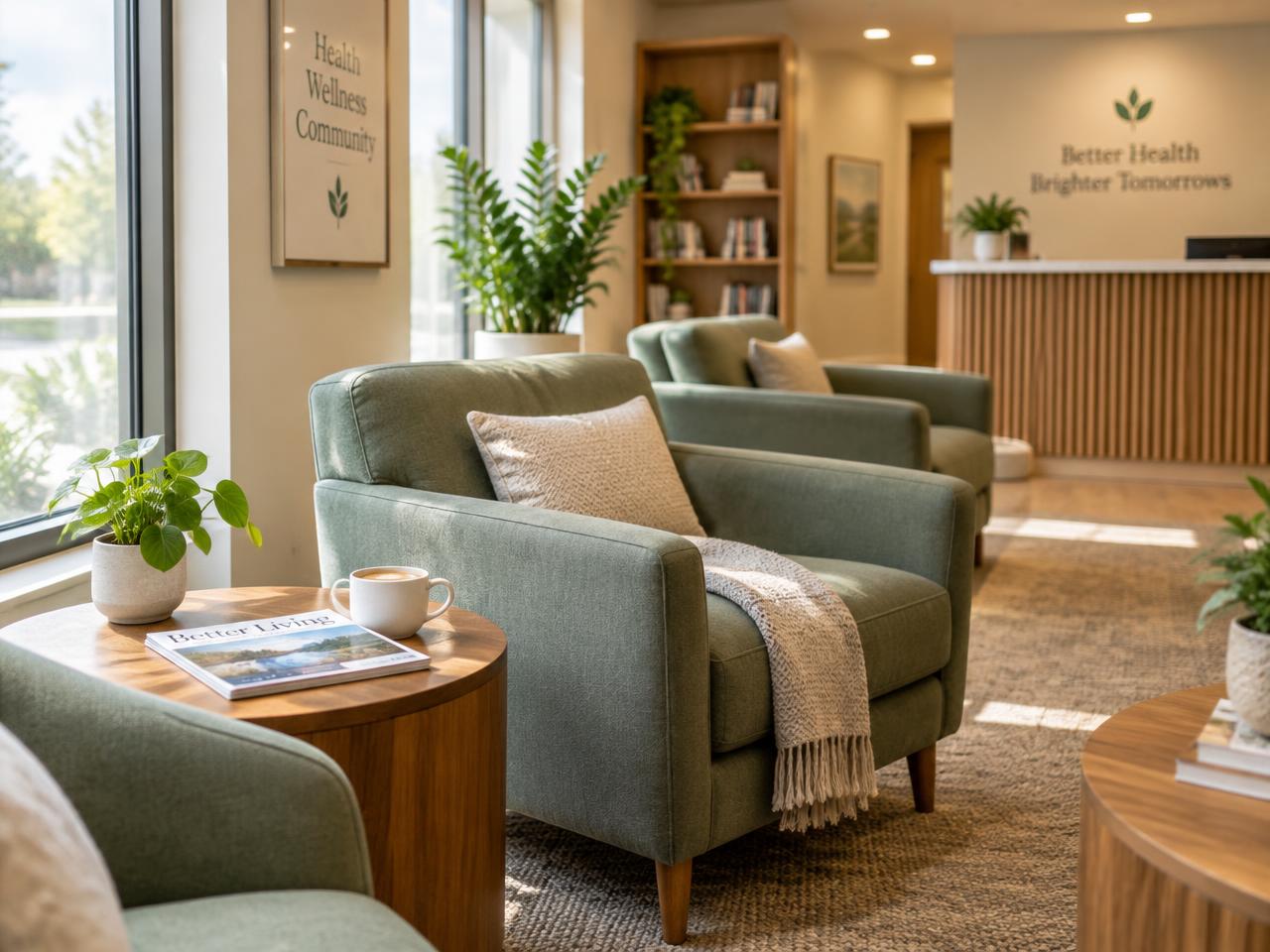 Comfortable clinic waiting lounge with green armchairs