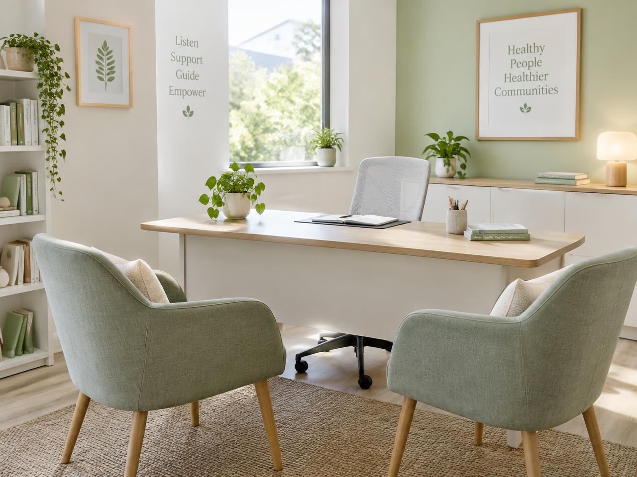 Bright clinic consultation room with two chairs