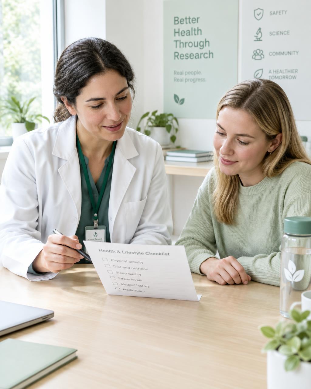 Researcher and volunteer reviewing a checklist together
