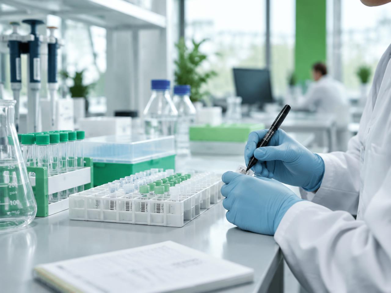 Researcher labeling samples in a bright laboratory