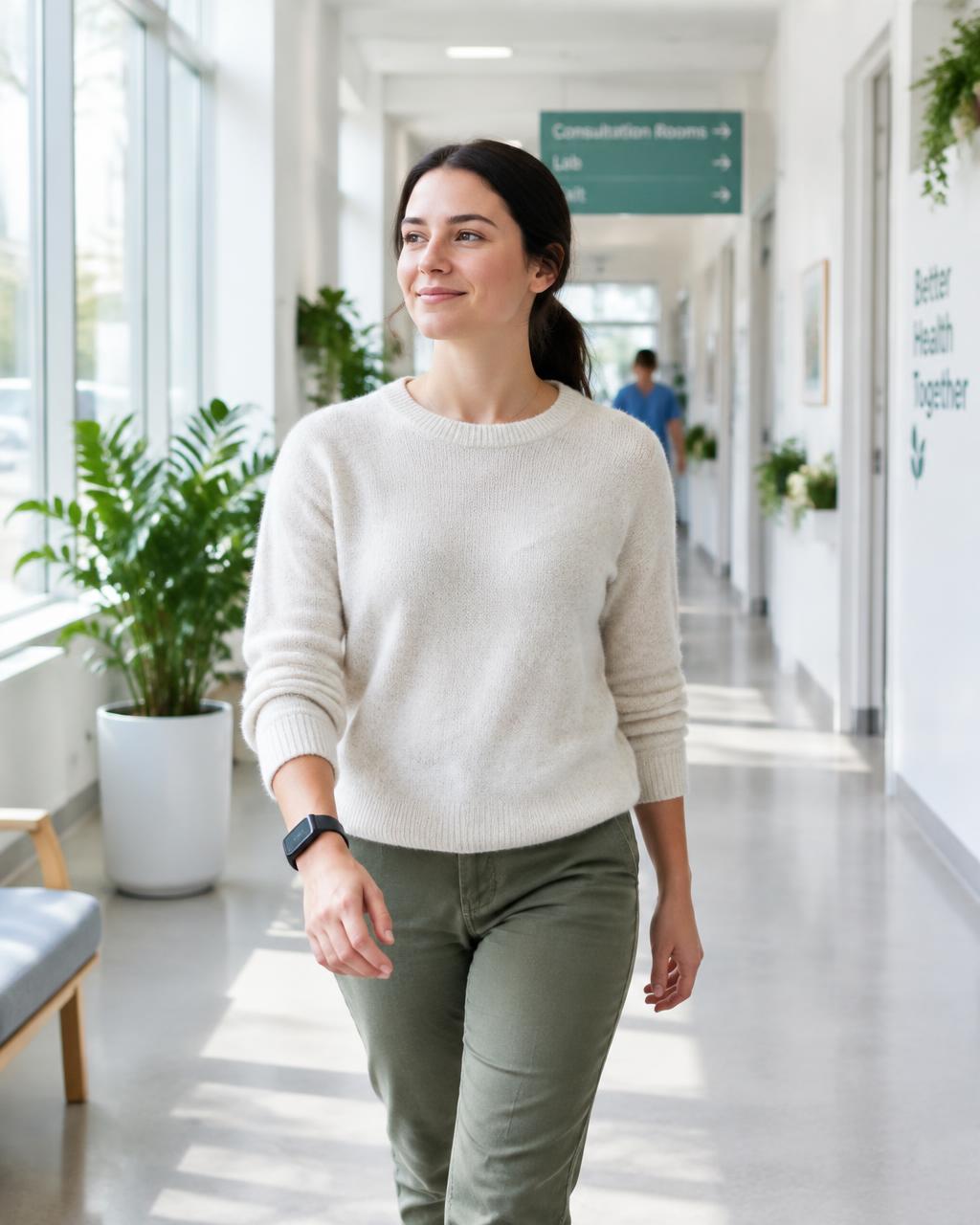 Volunteer wearing a health sensor in a clinic corridor