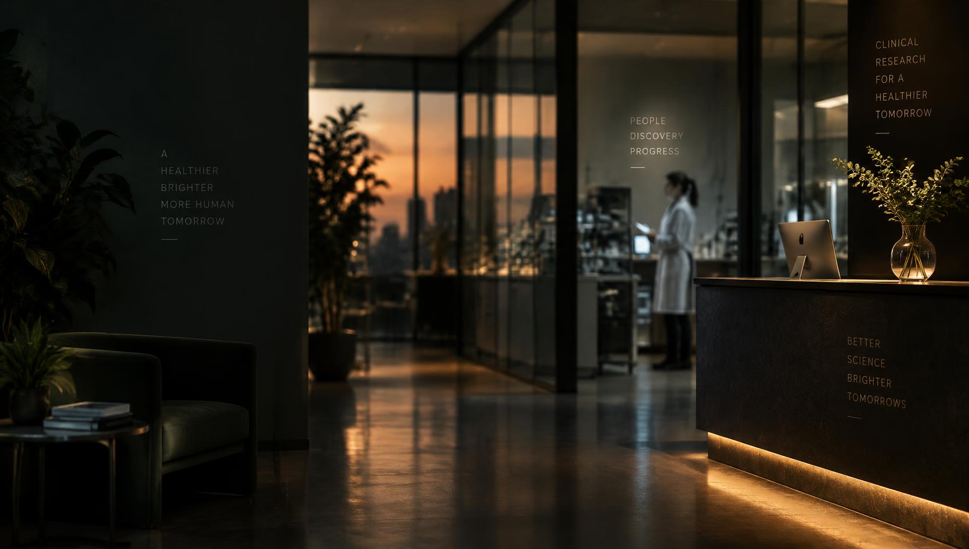 Modern clinical research facility at dusk